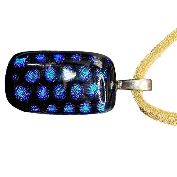 Black with blue check silver bale dichroic pendant on tan suede cord - Picture 4 of 8